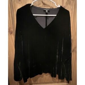Eileen Fisher Velvet Top Womens L Black V Neck Long Sleeve Boxy Blouse